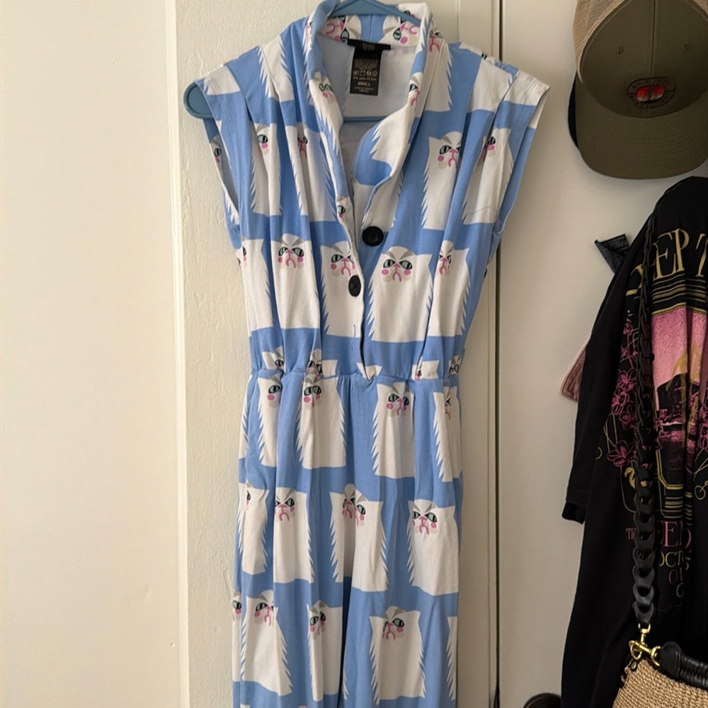 Nooworks Light Blue Cat Print Skinny Jumpsuit grumpy romper overalls - Picture 2 of 12